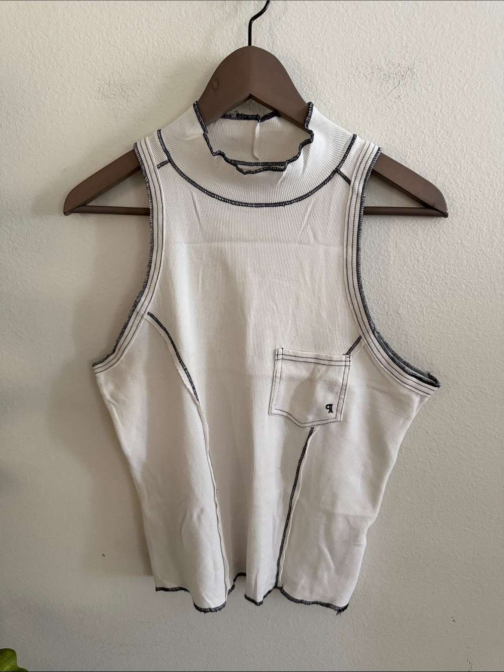 White Sleeveless Mock Neck Tank with Contrast Stitching from Anthropologie